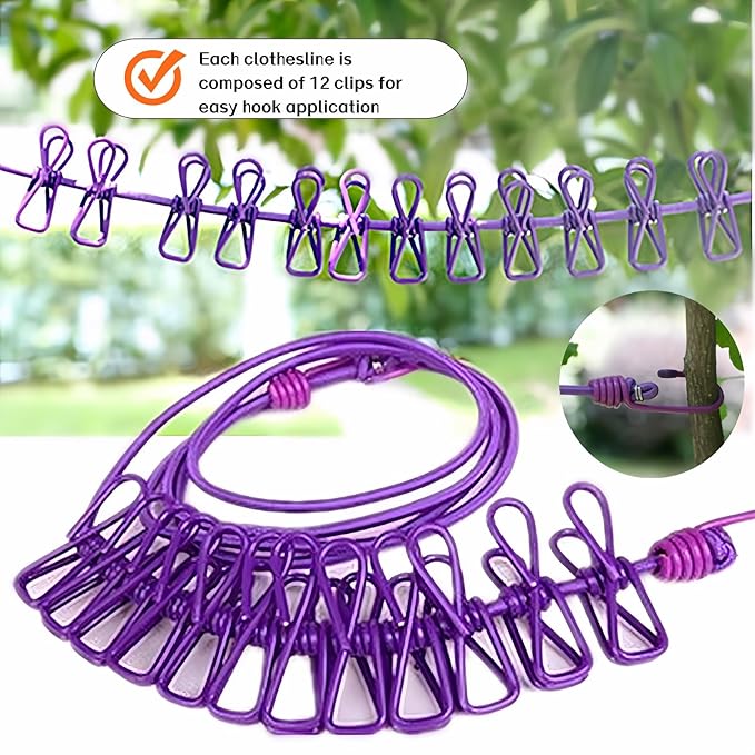 Portable Clothesline with 12 Clips - Extends 12ft, Heavy Duty Stainless Steel Hooks, Windproof for Travel/Camping/Indoor Use, Purple