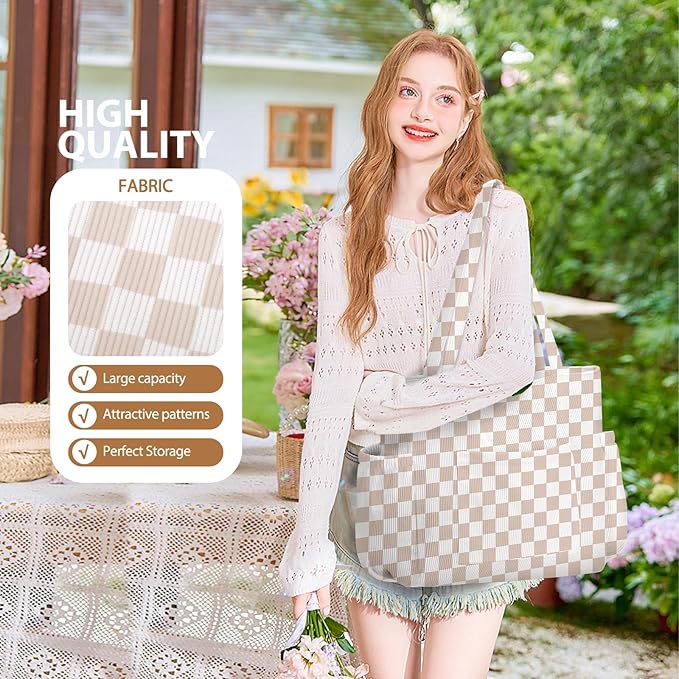 Corduroy Tote Bag for Women,Large Capacity Cute Tote Bags With 6 Pockets,Crossbody Shoulder Handbag for Work Travel Gym