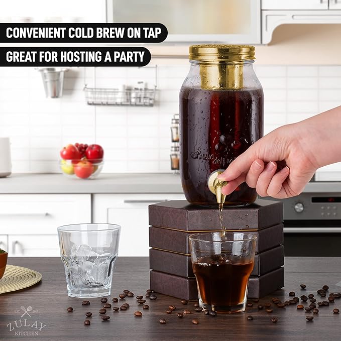 Zulay Kitchen 1.5 Liter Cold Brew Coffee Maker with EXTRA-THICK Glass Carafe & Stainless Steel Mesh Filter - Premium Iced Coffee Maker, Cold Brew Pitcher & Tea Infuser (Gold)…