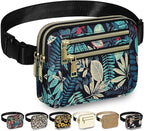 Capolo Fanny Packs for Women Fashion Waist Packs Bag with Adjustable Strap and 4 Zipper Pockets Waterproof Everywhere Crossbody Belt Bag for Workout Running Travelling(Blue Leaves)