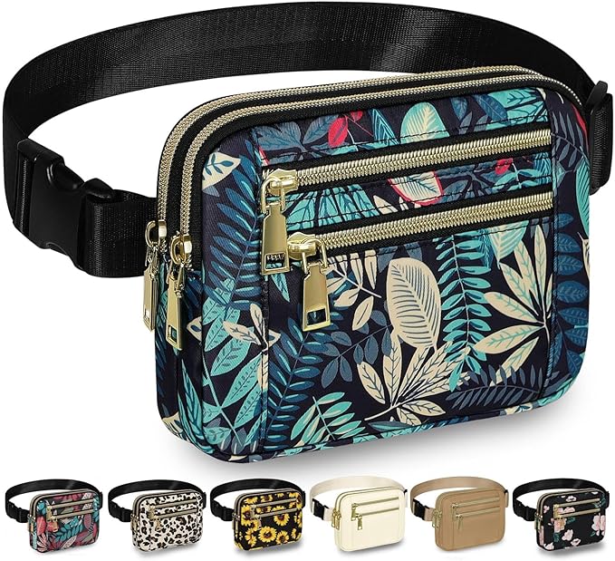 Capolo Fanny Packs for Women Fashion Waist Packs Bag with Adjustable Strap and 4 Zipper Pockets Waterproof Everywhere Crossbody Belt Bag for Workout Running Travelling(Blue Leaves)