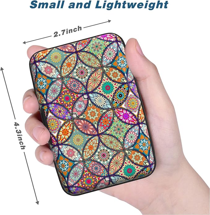 Credit Card Holder, Mini Aluminum Card Wallet RFID Blocking Slim Metal Hard Card Case for Women Men, Pretty Mandala