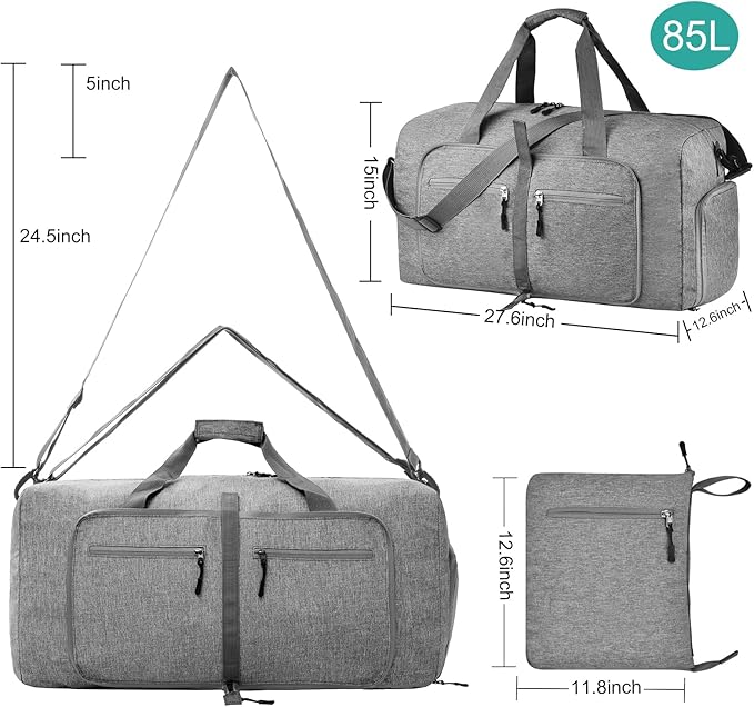 Dimayar 85L Travel Duffle Bag for Men Women - Foldable Duffel Bag with Shoes Compartment - Overnight Bags Waterproof & Tear Resistant(Gray)