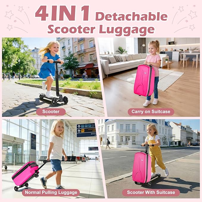 Scooter Luggage for Kids Scooter Suitcase for Ages 4-12, 4 in 1 Kids Luggage Boarding Suitcase Detachable & Foldable Scooter Travel Trolley Ride On Luggage-Fuchsia