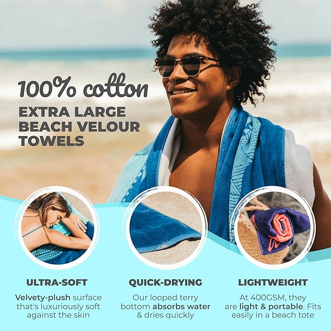Nova Blue Shark Beach Towel – Blue with A Tropical Design, Extra Large, XL (34”x 63”) Cool Hawaiian, Navy Beach Towel with Light Blue Stripe, Made from 100% Cotton