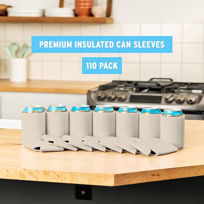 Blank Beer Can Cooler Sleeves (110-Pack) Soft Insulated Beer Can Coolies - HTV Friendly Blank Koolies in Bulk for Beer Cans & Bottles - Coolie Blanks for Vinyl Projects & Wedding Favors (Stone)
