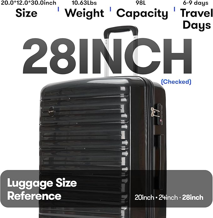GinzaTravel 28 Inch Large Luggage Hardside Suitcase with Spinner Wheels TSA Approved Lock, Lightweight PP Hard Shell Luggage for Travel & Business, Black
