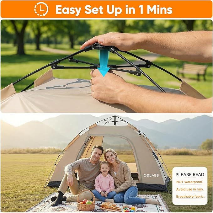 Golabs CT3 2 Person Instant Camping Tent, 1-Minute Setup by Pre-Attached Pole, 4 Side Mesh & Door Ventilation, Lightweight 4.8lbs Portable Design with Carry Bag, Inner Storage Pockets & Hooks for Park