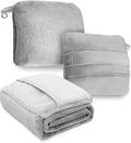 DEZ FURNISHINGS 4-in-1 Travel Compact Blanket Pillow Super Soft Velvet with Luggage Sleeve and Backpack Clip, Gray, 60" x 45"