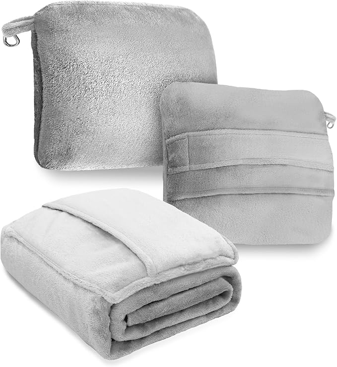 DEZ FURNISHINGS 4-in-1 Travel Compact Blanket Pillow Super Soft Velvet with Luggage Sleeve and Backpack Clip, Gray, 60" W x 45" H