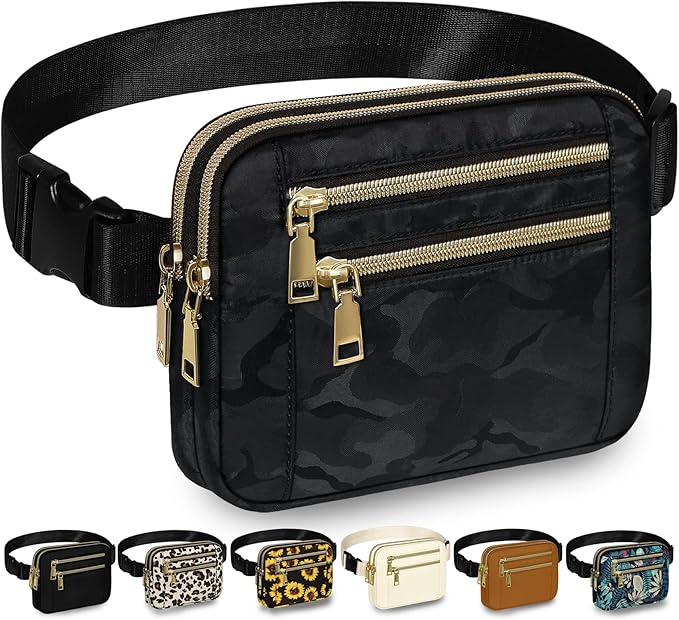 Capolo Fanny Packs for Women Fashion Waist Packs Bag with Adjustable Strap and 4 Zipper Pockets Waterproof Everywhere Crossbody Belt Bag for Workout Running Travelling(Black Camo)