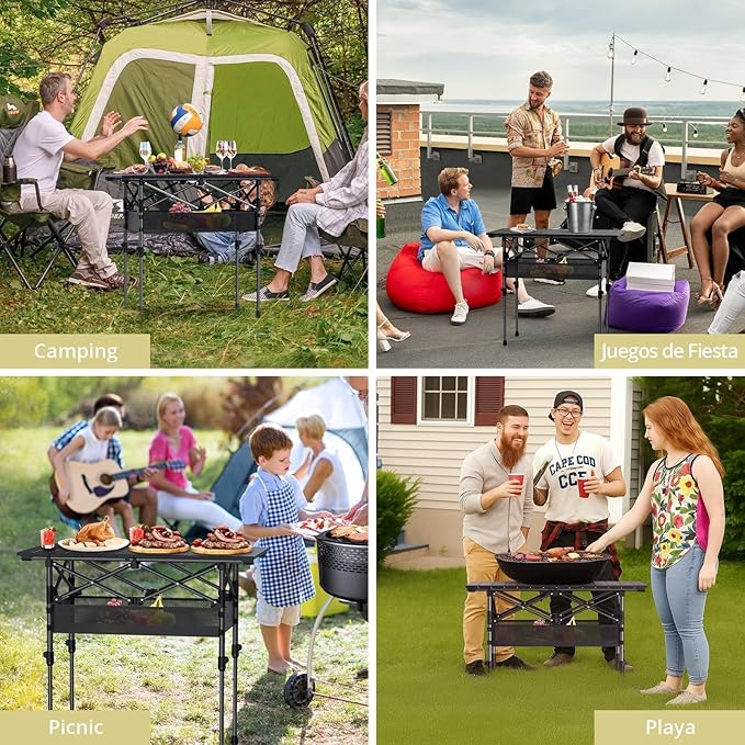Anbte 3ft Aluminum Roll Top Camping Table Max 27.5", 2 Adjustable Height Folding Camping Table Waterproof with Storage Net and Bag for BBQ Picnic Tailgating Backyard RV Travel, 32.2” x 16”, Pure Black