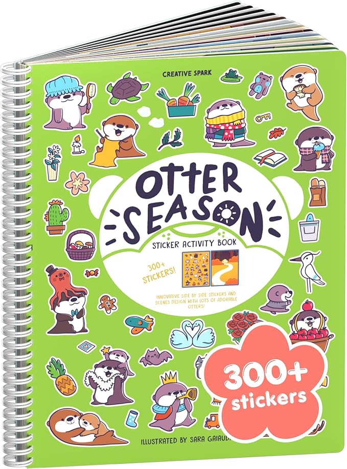 Otter Season 300+ Sticker Book for Kids by Cupkin - Arts & Crafts Activity Book, Stickers, 8 Scenes & Coloring Pages - Road Trip Essentials, Travel Essentials for Ages 2-8 - Spiral Bound