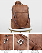 FADEON Leather Laptop Backpack for Women Designer 15.6 inch PU Laptop Bag, Ladies Travel Computer Work Backpack Brown