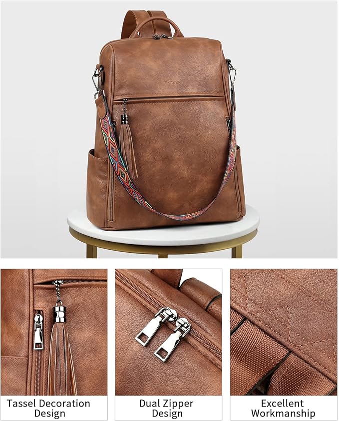 FADEON Leather Laptop Backpack for Women Designer 15.6 inch PU Laptop Bag, Ladies Travel Computer Work Backpack Brown