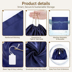 Ewen 12 Pack Dustbags with Drawstring in Small Medium Large, Dustproof Satin Storage Pouch with Blank Tags for Travel Essentials Packing, Dark Blue Silk Bag for Closet Storage Shoes Purse Organization
