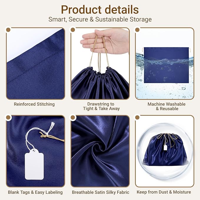 Ewen 12 Pack Dustbags with Drawstring in Small Medium Large, Dustproof Satin Storage Pouch with Blank Tags for Travel Essentials Packing, Dark Blue Silk Bag for Closet Storage Shoes Purse Organization