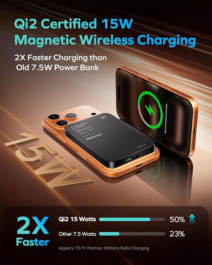 MOMAX (2026 NEW) Q.Pass Portable Charger, 10000mAh Slim Power Bank Qi2 Certified 15W Ultra-Fast Magnetic Battery Pack for iPhone Air/17Pro Max/17Pro/16/15/14/13/12 (No Lightning)
