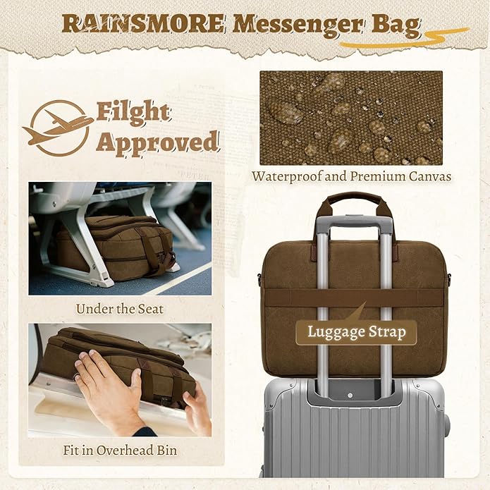 Mens Laptop Messenger Bag Canvas Briefcase Waterproof Vintage Computer Bag Shoulder Bag Satchel Bags for Work College Travel
