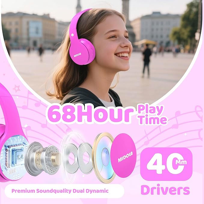 MIDOLA Kids Bluetooth Headphones 68H Play Time,Volume Limit 85/94dB, Foldable Lightweight Wireless Over-Ear Headphone for Kid Toddler Child Pad Tablet,Headsets with Built-in Mic Hot-Pink