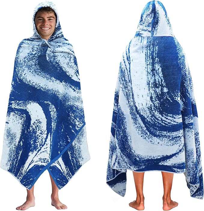 COTTON CRAFT Hooded Beach Towel - Oversized XXL 35x84 Towel with Hood for Adults - The Big Kahuna 7 Foot Large Beach Blanket Towel - Big & Tall Soft 100% Cotton Velour Pool Bath Wrap - Waves Blue