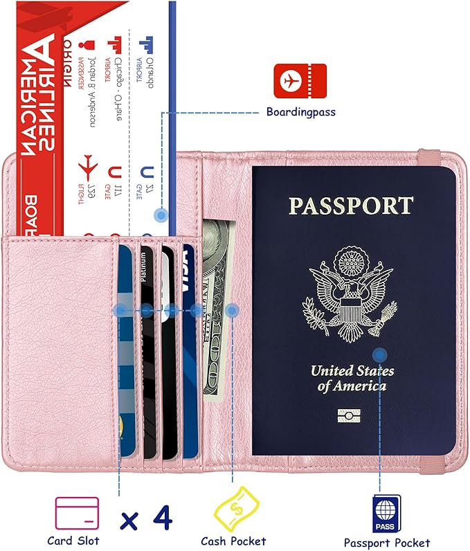 TOURSUIT RFID Blocking Passport Holder for Women Men, Leather Passport Travel Wallet with Metal 3D Metal Badge, Travel Document Holder Cover Accessories (Rose Gold)