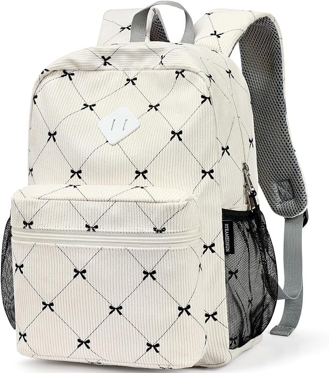 STEAMEDBUN Corduroy Kids Backpack for Girls Boys 3-8, Girls Backpack for Elementary Kindergarten - Bow