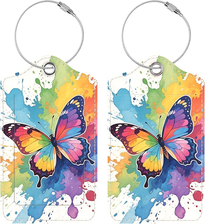 Luggage Tags for Suitcases, 2 Pack Cute PU Leather Luggage Tag TSA Approved with Stainless Steel Loop and Address Card Baggage Tag for Travel&Cruise Ships&Shipping Vibrant Butterflies, by Chelmon