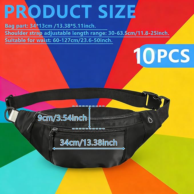 10PCS Crossbody Fanny Pack Bulk,Large Capacity Waist Bag with 4-Zipper Pockets Adjustable Strap Fanny Packs Waterproof Oxford Cloth Travel Belt Bag for Outdoor Shopping Travel Men Women,Black