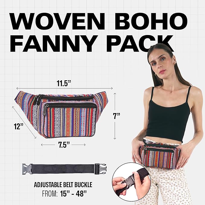 Boho Fanny Pack Belt bag - Crossbody Waist Bag for Men or Women - Hands-Free, Waterproof Large Bumbag for Hiking, Running, and Travel (Blue Vert)