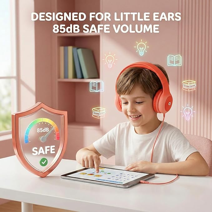 ADOOPE Wired Kids Headphones with USB C Plug, 85dB Safe Volume, Adjustable Headband, Tangle-Free Cord Headphones for School, Tablet, Travel (Coral Red & Soft Peach, Without Microphone)