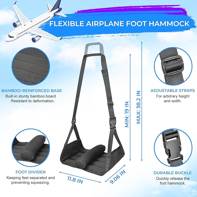 2-Pack No Collapse Airplane Foot Hammock, Foldable Bamboo Base Foot Hammock for Plane Travel with Interval Sponge, Portable Desk Foot Hammock, Airplane Travel Essentials