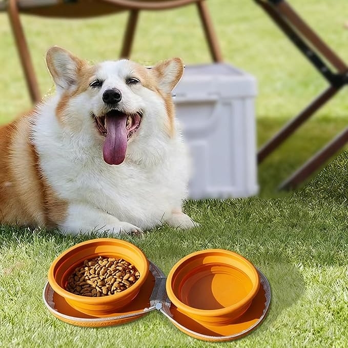 Collapsible Dog Bowls,2-in-1 Pet Bowls with Zipper Carrying Case and Carabiner Clip for Traveling Hiking Camping Walking,Brown