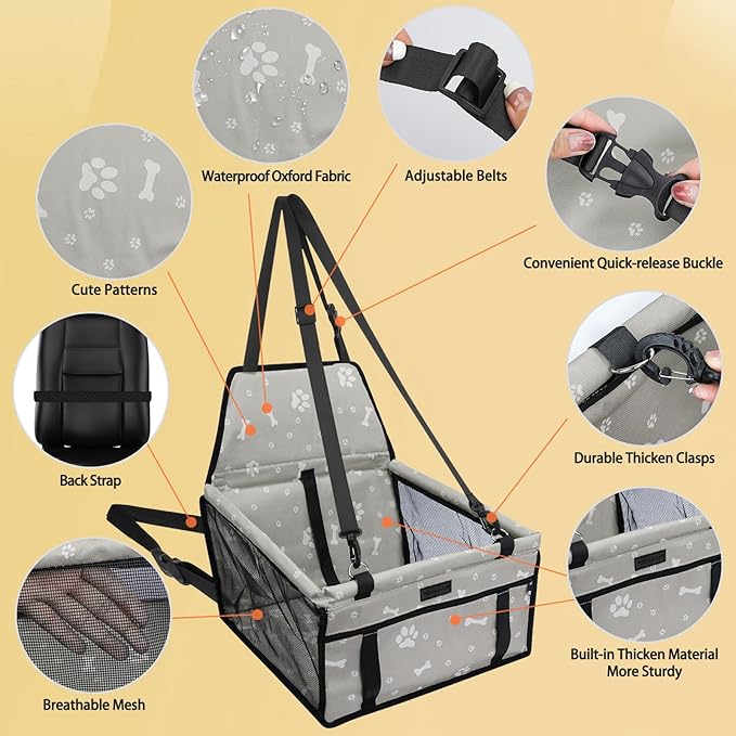 Dog Car Seat Foldable Dog Car Booster Seat Waterproof Breathable Oxford Travel Bag for Small to Medium Dogs, Puppies, and Pets-Pattern Grey