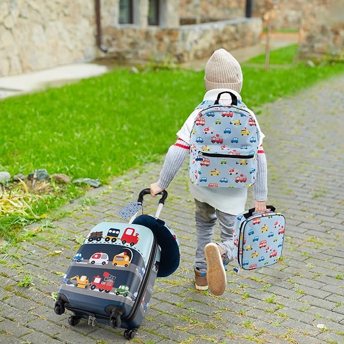 BABY JOY Kids Luggage, 5 Pieces Luggage Set w/ 16" Carry-on Hardshell Spinner Toddler Suitcase, 13" Backpack, Neck Pillow & Insulated Lunch Bag, Travel Kids Rolling Suitcase for Girls Boys (Blue Car)