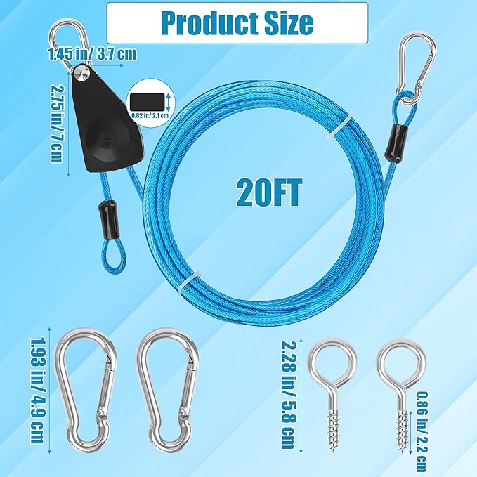 20FT Retractable Travel Clothesline, Adjustable Outdoor Clothesline Drying Clothes Line Laundry for Travel Camping, with Ratchet Pulley/ 2 Screws/ 2 Buckles (Blue)