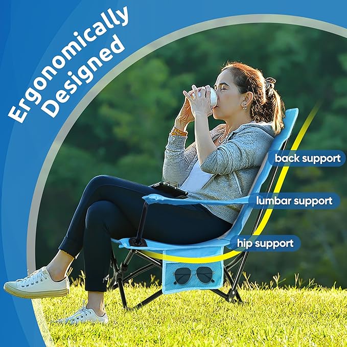 HaSteeL Folding Beach Chair, Foldable Blue Camping Chairs for Outside, Low Beach Chair Portable for Adults Fishing, Picnic, Outdoor BBQ, Travel, Sports, Cup Holder & Storage Bag