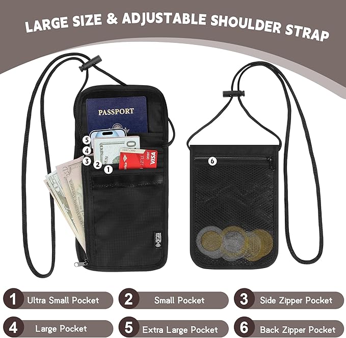Likesing 5.5" L x 7.9" W Travel Neck Wallet, RFID Blocking Passport Holder, Security Lightweight Passport Travel Wallet, Neck Pouch Gifts for Women Men(Black)