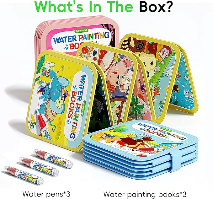 Timetome Reusable Water Painting Books for Kids – 3-Pack Magic Water Reveal Coloring Books with Water Pens (Fairy Tale, Animal & Dinosaur) No-Mess Coloring & Reusable Fun Travel Activity for Ages 3–6