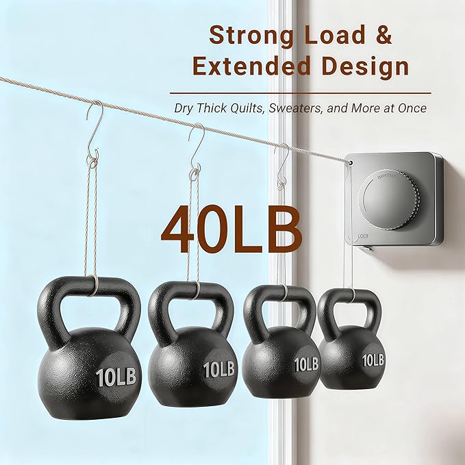 Retractable Clothesline Indoor & Outdoor – 16.8 Ft Non-Sagging Heavy-Duty Stainless Steel Clothes Line for Apartments, Bathrooms, Balconies & RV Walls, Space-Saving Laundry Line