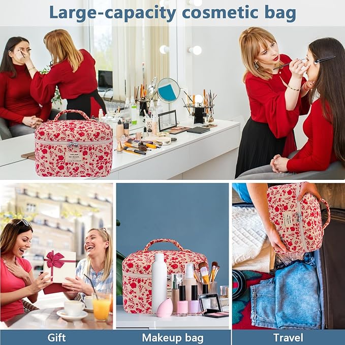Gosect Large Makeup Bag, Cute Cosmetic Bag for Women Girls, Floral Coquette Aesthetic Toiletry Bag, Travel Make Up Organizer Bag (Pink Rose)