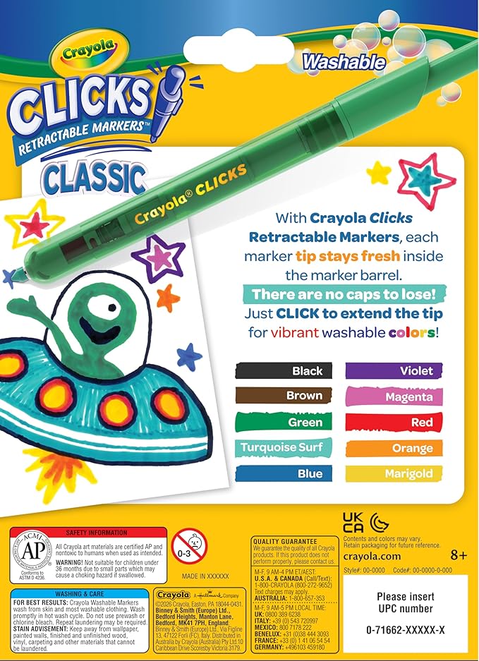Crayola Clicks Retractable Tip Markers (10ct), Washable Cone Tip Art Marker Set, Cute Aesthetic School Supplies, Classroom Must Haves, Ages 3+
