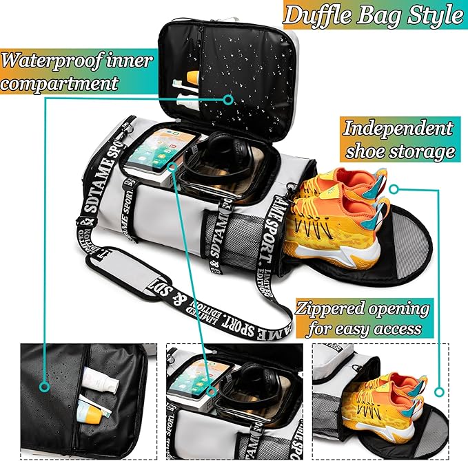 Gym Duffle Bag Backpack with Shoe Compartment,4 ways Travel Backpack for Women and Men,Multi-Functional Weekender bag with Waterproof Layer&Laptop Compartment for Fitness, Travel,Camping