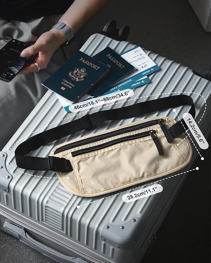 VULKIT Money Belt for Travel, Hidden Passport Holder, Anti-Theft Travel Wallet Under Clothes, RFID Blocking Waist Pouch, Undercover Fanny Pack, Cream White