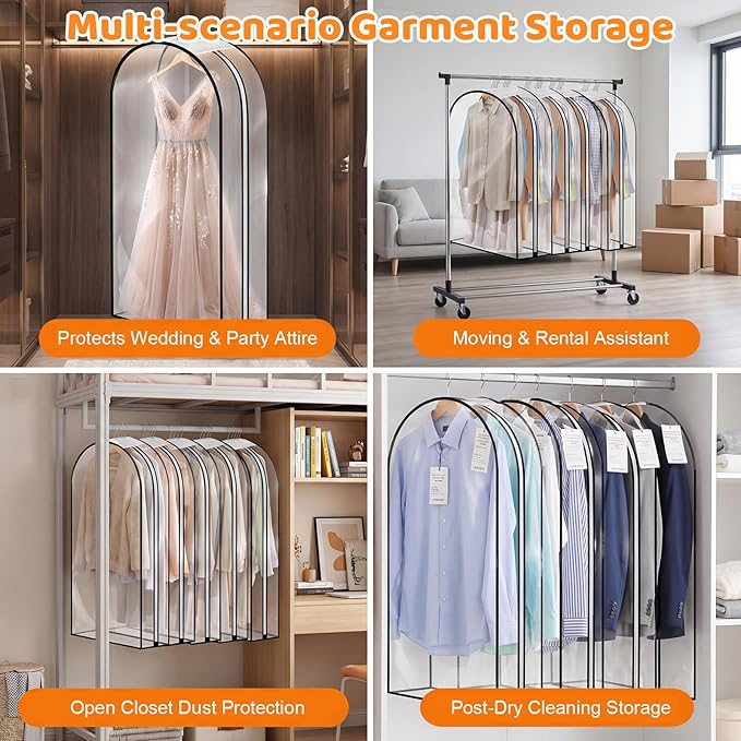 2 Pack Full Clear Garment Bags with Side Zipper, 40" Clothes Covers with 10" Gusset, Transparent Hanging Suit & Coat Covers for Closet Storage, Dresses, Windbreakers, Jackets