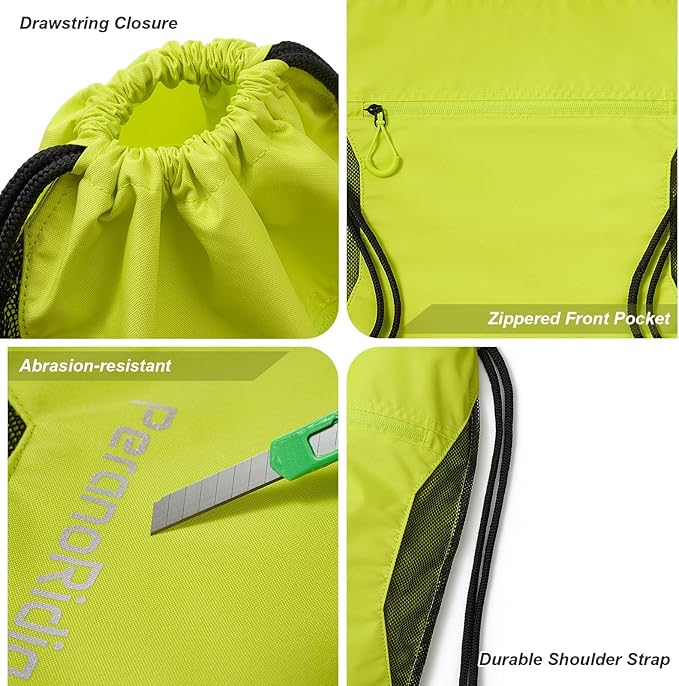 Waterproof Drawstring Backpack for Men/Women, Lightweight Sports Bag for Gym, Beach, Swim, Hiking, Running & Cycling, Anti-Stain with Quick-Access Mesh Pocket, Green 14.2"×2.8"×17.7"