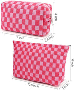 SOIDRAM 2 Pieces Makeup Bag Large Checkered Cosmetic Bag Capacity Canvas Mix Travel Toiletry Bag Organizer Cute Makeup Brushes Aesthetic Accessories Storage Bag for Women, Checkered Mix Rose Red