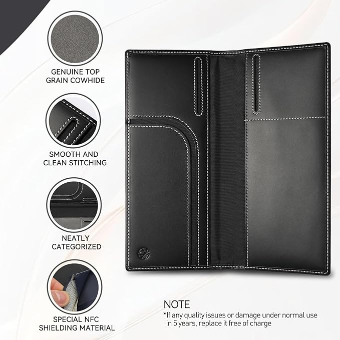 Leather Passport Holder for Travel with AirTag Holder, RFID Blocking Passport Wallet with Card Slots for Men & Women (Black)