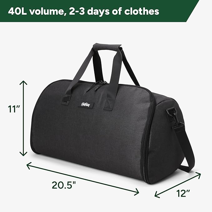 Halfday Convertible 2-in-1 Garment Duffel Weekender Bag 40L: Wrinkle-Free Travel (Hanging Suit Compartment, Shoe Pockets, Trolley Sleeve), Durable & Water-Resistant Carry-on, Shadow