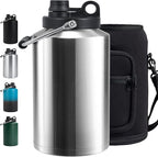 Insulated Gallon Jug with Handle, One Gallon, 128oz Stainless Steel, Large Double Vacuum Water Bottle for Cold Drinks, Wide Mouth, Sweat Proof, Carrier bag, Great for Travel, Camping, Stainless